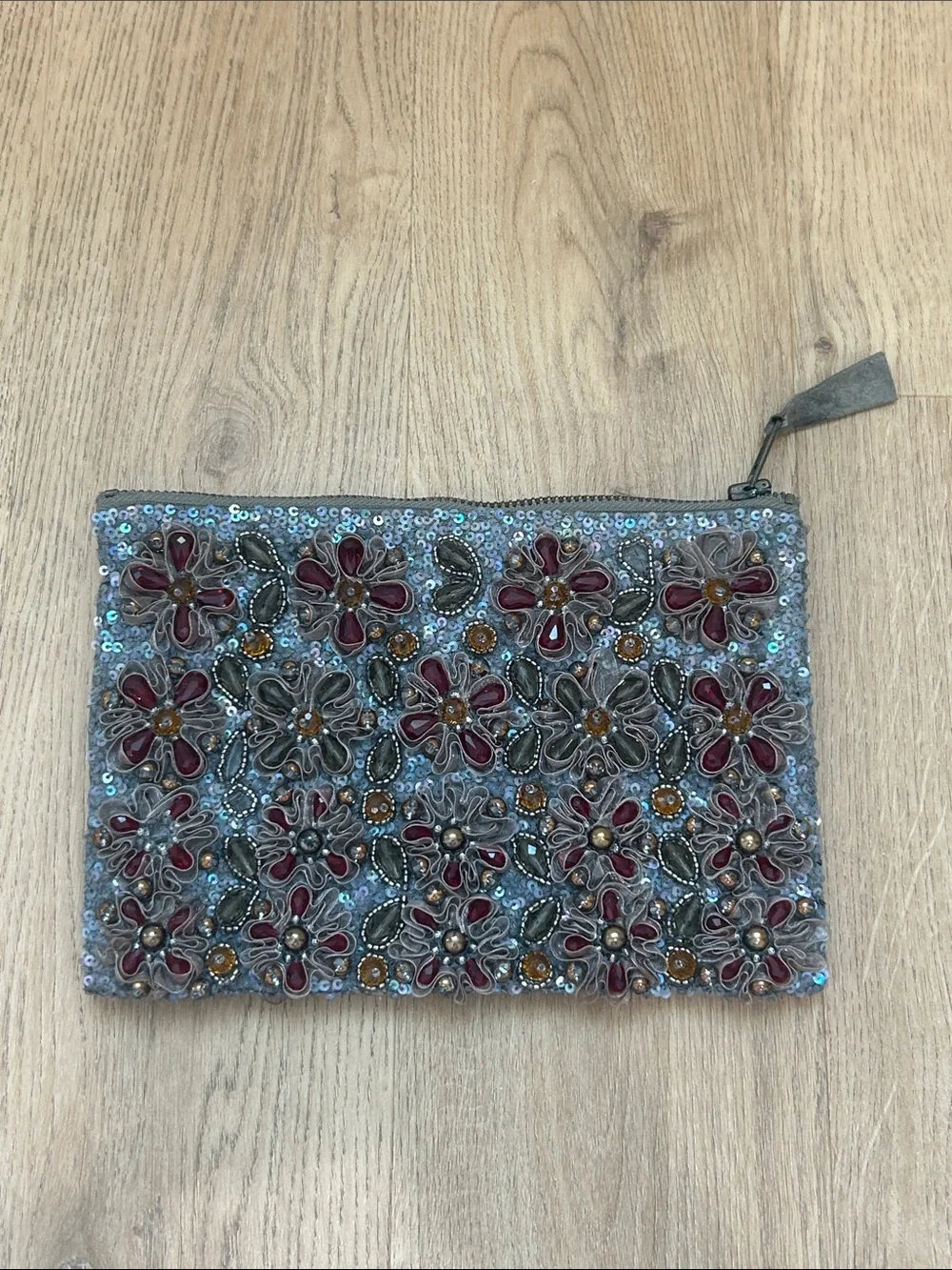 Anthropologie Sequin Beaded Floral Clutch Pouch EUC